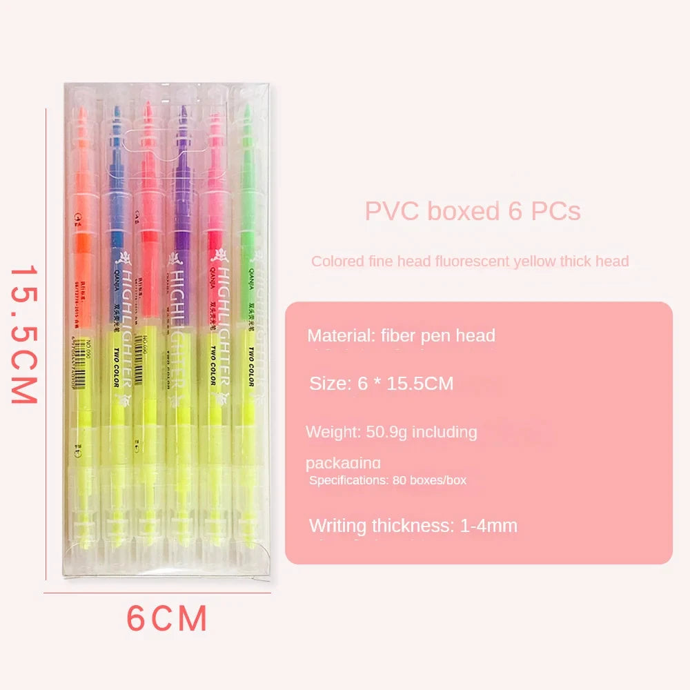 3/6Pcs/Set Double Head Fluorescent Highlighter Pen Markers Pastel Drawing Pen for Student School Office Supplies Cute Stationery Qme 6 pcs B