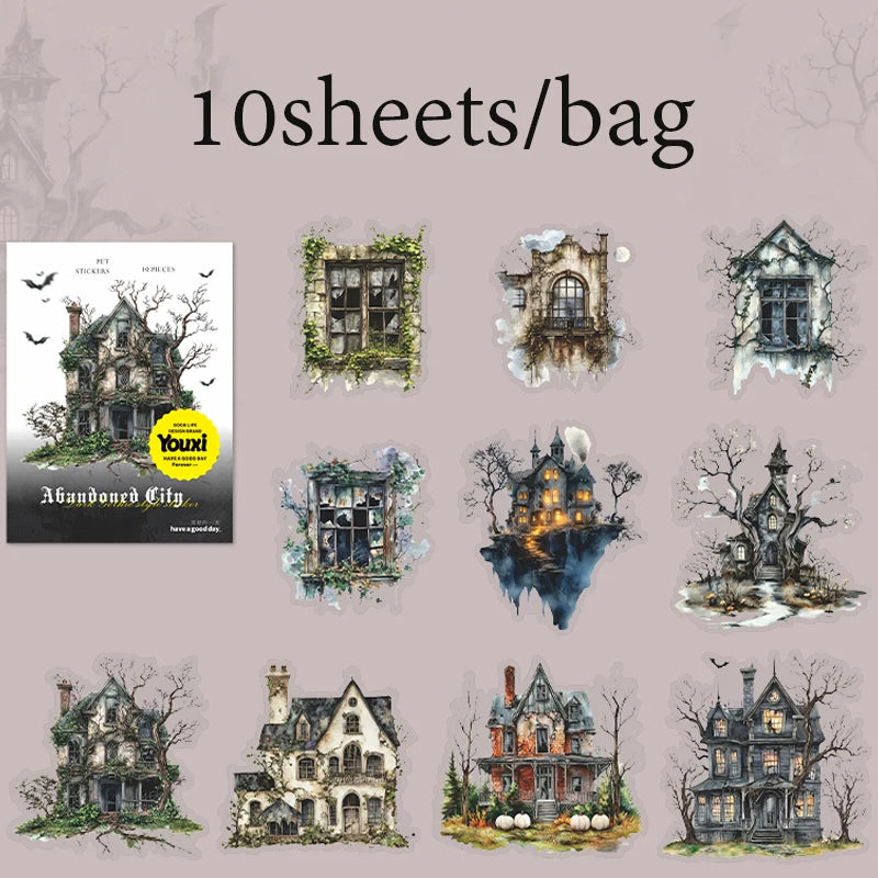 10 Sheets/Bag Gothic Abandoned City Scenery Stickers for Scrapbooking Planner Notebook DIY Phone Case Decoration Office Gift Qme 2