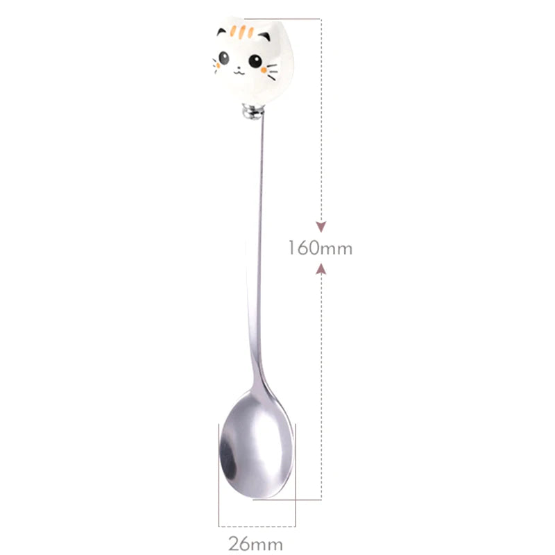 Coffee Dessert Spoons Flatware Kitchen Tools Stainless Steel Long Cat Qme Cat White