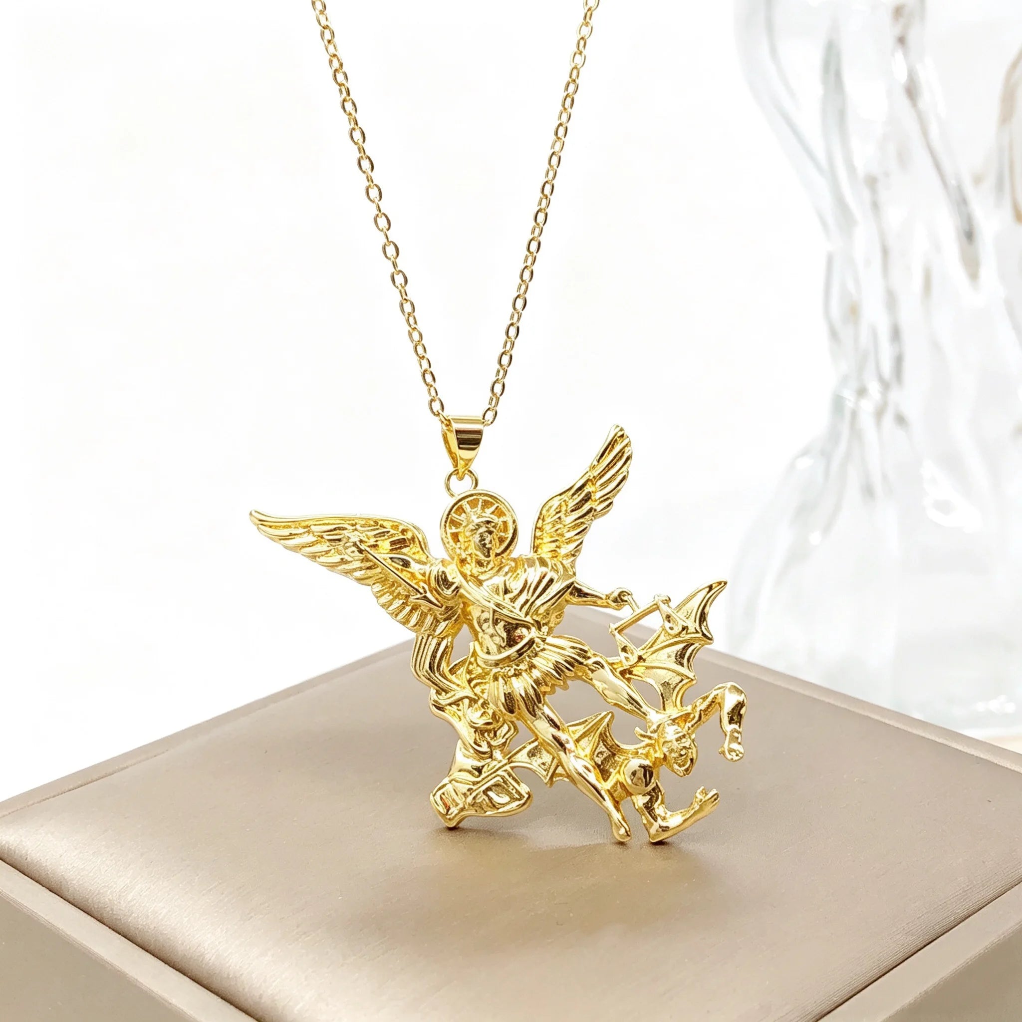 Gold-Plated Religious Medal Zircon Necklace Archangel Saint Michael Santa Muerte Jesus Choker Amulet Jewelry for Men Women New Qme 1