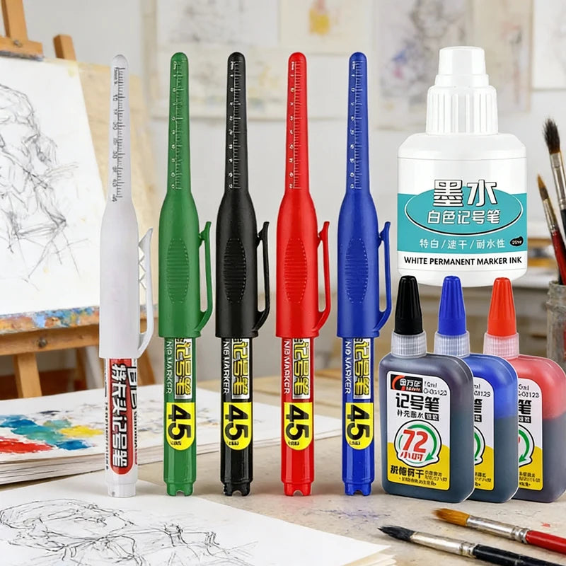 Black/Blue/white Ink 45mm Waterproof Deep Hole Marker Pens Long Nib Head Carpenter Pen for Multi-Purpose Woodworking Hand Tools Qme