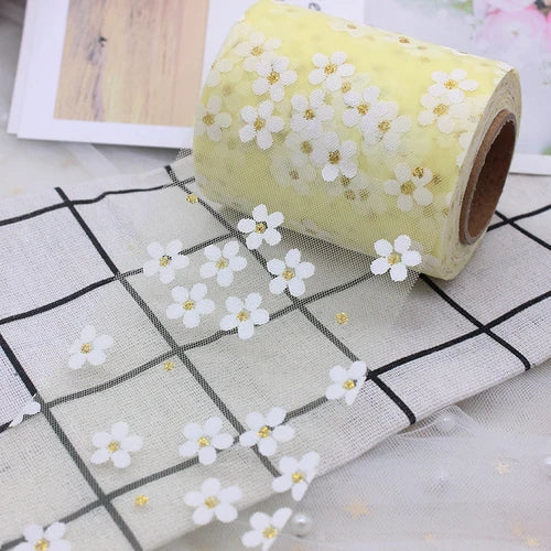 6cm 5Yards Floret Tulle Daisy Ribbon Roll DIY Craft Ribbons for Gift Bow Packaging Cherry Blossoms Printed Mesh Fabric Supplies Qme Yellow ribbons 5 yards (4.5m)