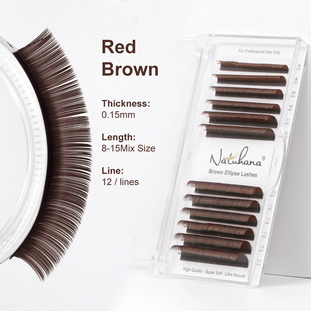 NATUHANA Lashes Brown Flat Ellipse Eyelash Extension False Fake Eye Qme Red Brown L 0.15MM|MIX8-15