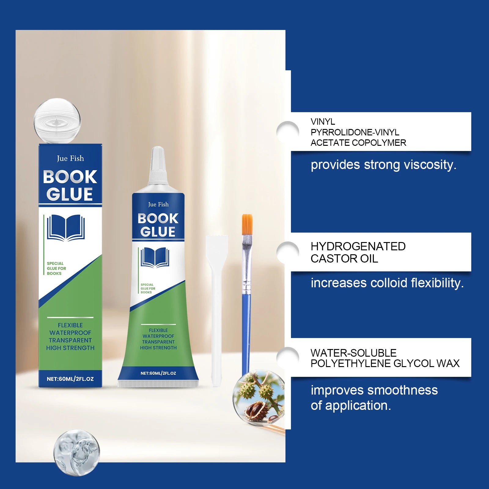 JUE FISH Book Glue: Strong Adhesion Quick-Drying Formula Long-Lasting Firm Bond for Various Paper Materials Qme