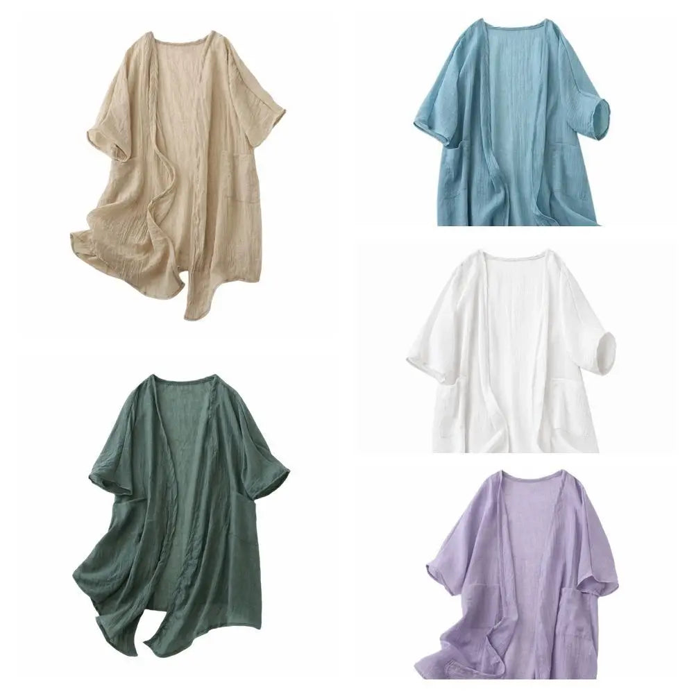 Solid Short Sleeved Linen Cardigan Loose Front Opening Summer Shirt Qme