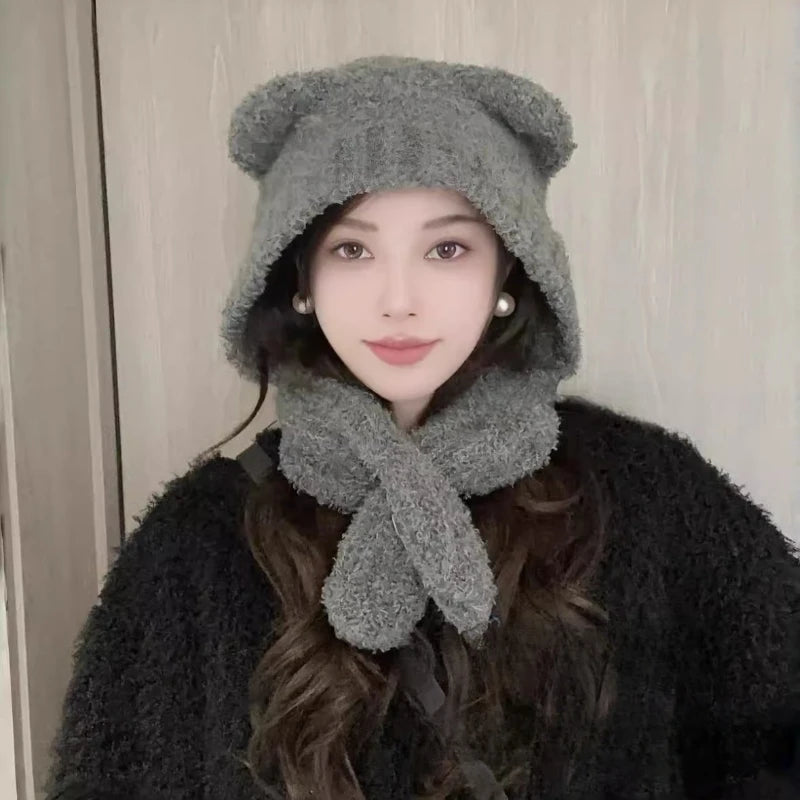 Versatile Knitted Warm Neck Scarf Integrated Bear Ear Protection Hat Qme