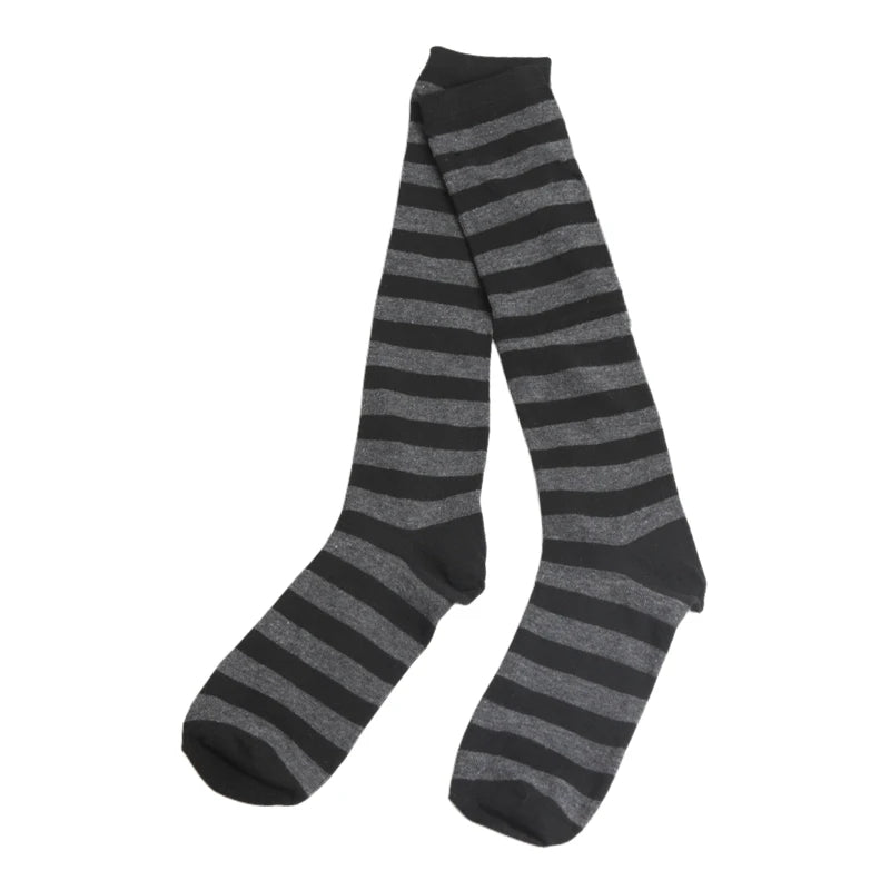 Women Black White Stripe Knee Socks Sweet Lolita Harajuku Stocking Qme GRAY One Size