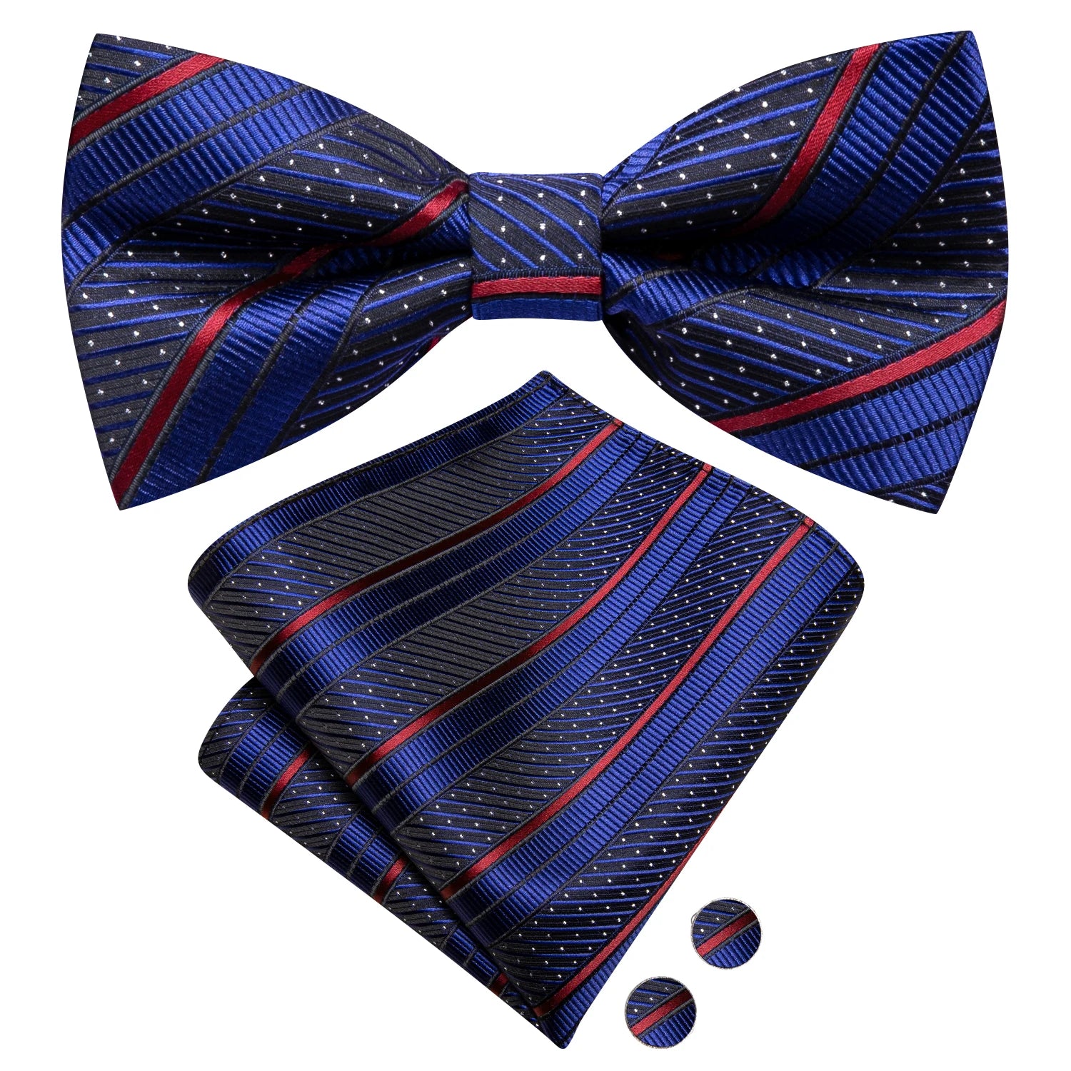 Hi-tie Silk Mens Striped Bow Tie Royal Blue Red Hanky Cufflinks Qme