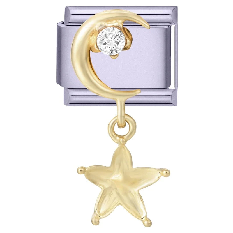 Sweet Shiny Gold Color Zircon Bow Moon Cherry Star Italian Charm Links Fit 9mm Stainless Steel Bracelet Women Jewelry DIY Making Qme Style 11