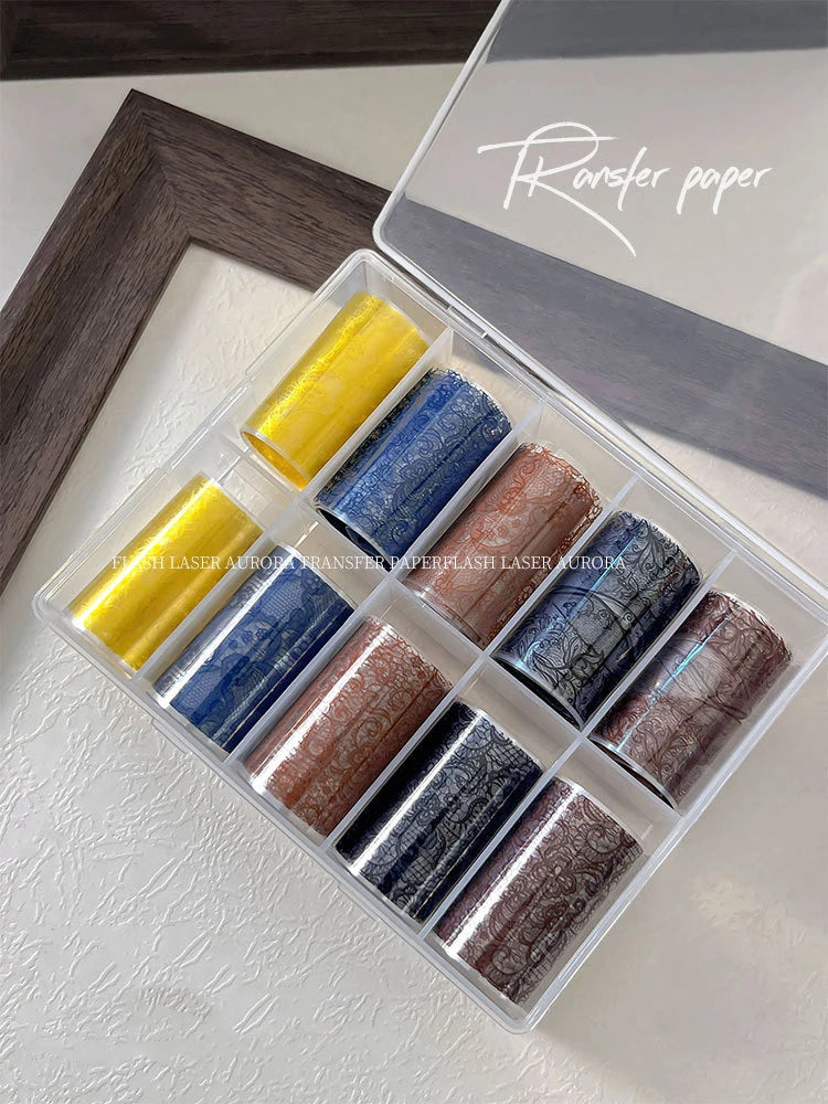 10 Rolls Vintage Lace Nail Art Transfer Paper, Retro French Pure Mixed Style Nail Decals, 50cm Water Decal for Nail DIY Manicure Qme Wine red lace