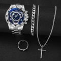 4PCS Men Business Watches Fashion Big Dial Steel Band Male's Analog Quartz Watch Clock Relogio Masculino（Without Box） Qme Silver Black No Box