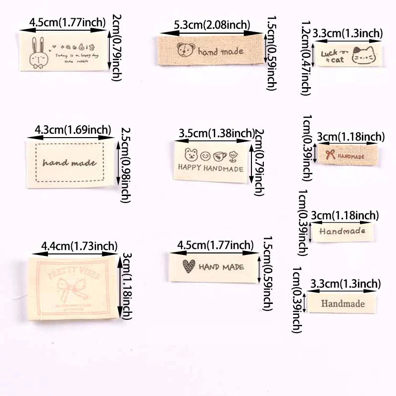 50Pcs 10-53mm Assorted "Handmade" Cute Animal Fabric Labels, Sew On Tags for DIY Clothes Crafts cp4317 Qme