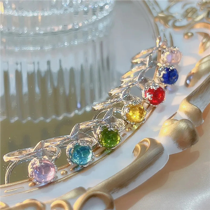 Design Sense Fashion Fishtail Crystal Multicolor Adjustable Open Ring Girl Woman Fashion Beach Party Birthday Gift Jewelry Qme