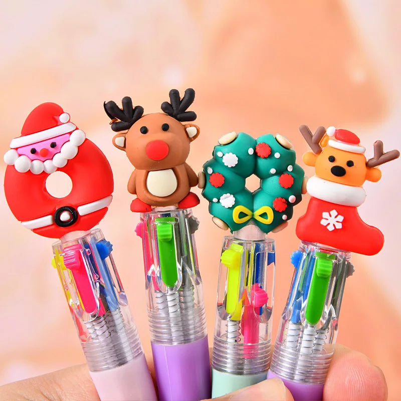 Cute Cartoon Plastic Multicolor Christmas Ballpoint Pens Creativity Silicone Snowman Elk Christmas Four-color Ballpoint Pen Qme