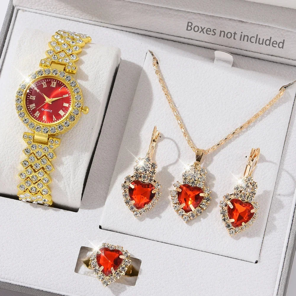 5Pcs Golden Luxury Watch Women Ring Necklace Earring Rhinestone Fashion Wristwatch Red Dial Casual Ladies Watches Jewelry Set Qme Gold