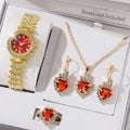 5Pcs Golden Luxury Watch Women Ring Necklace Earring Rhinestone Fashion Wristwatch Red Dial Casual Ladies Watches Jewelry Set Qme Gold