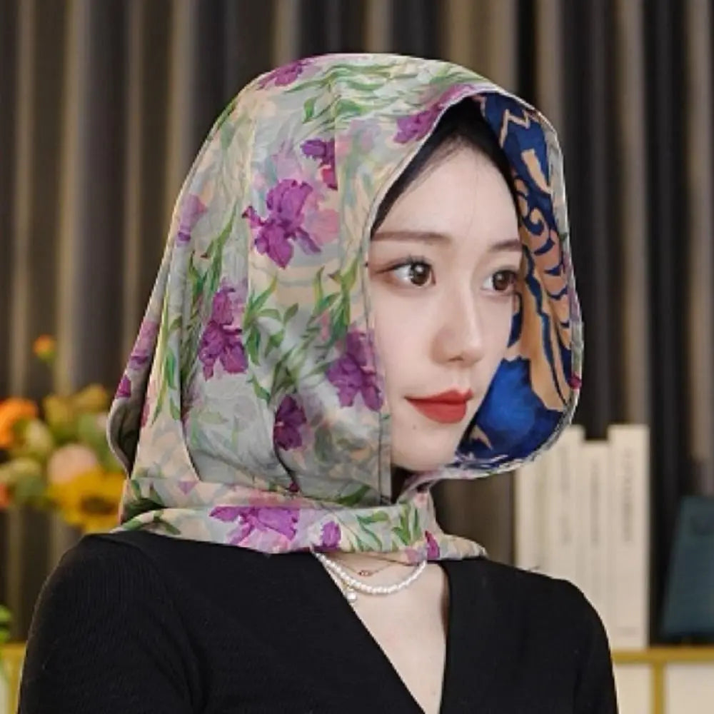 Headkerchief Elegant Printed Turban Hat Painting Cotton Linen Loom Silk Scarf Hat Sunscreen Polyester Women's Headscarf Beach Qme