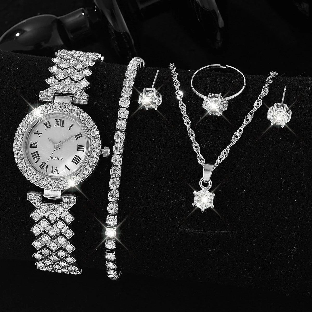 1 pcs women's Roman watch alloy diamond quartz watch set with 5 pcs of accessories for women Qme Silver set 1