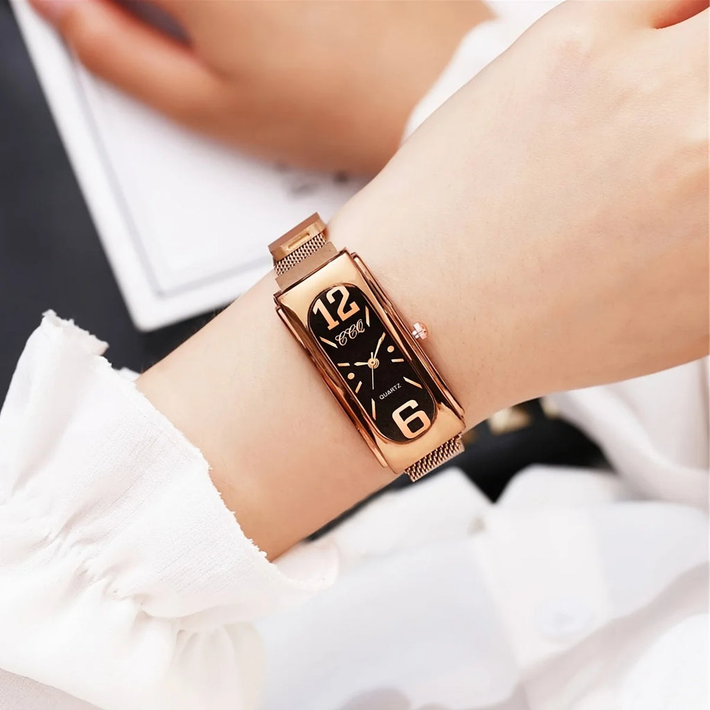 Ladies' elegant stainless steel mesh strap rectangular dial quartz watch magnetic clasp Qme Rose Gold Black