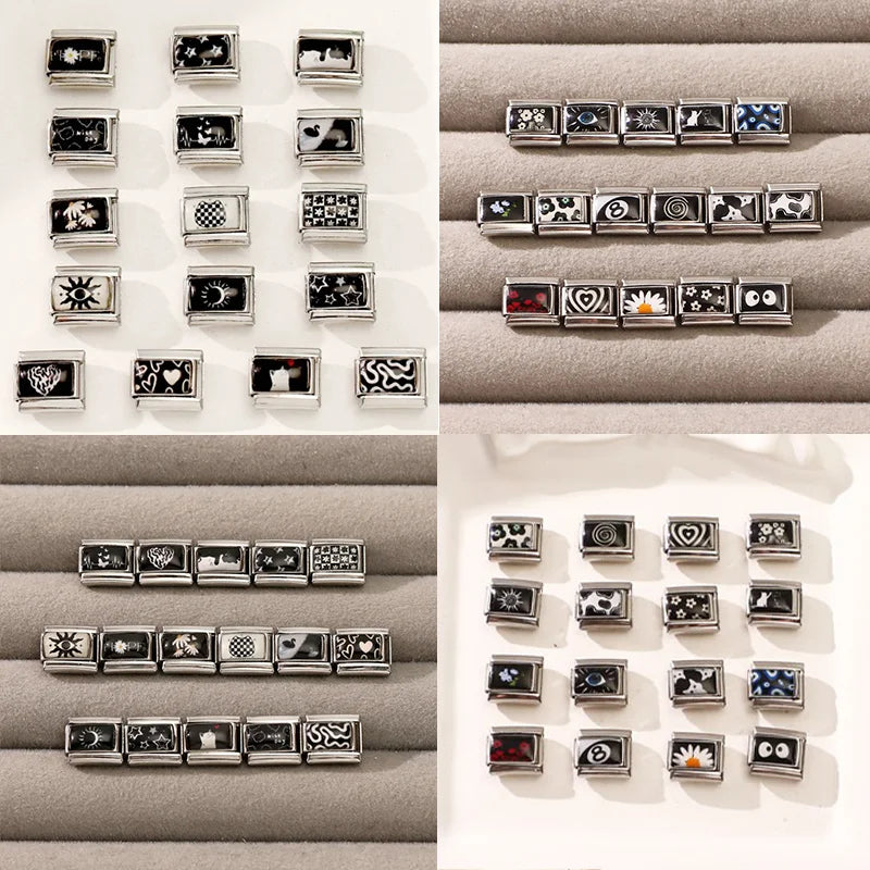 2025 Fashion Red Strawberry Love Heart Black Sun Moon Stars Italian Charm Links Fit 9mm Bracelet Stainless Steel Jewelrys Making Qme