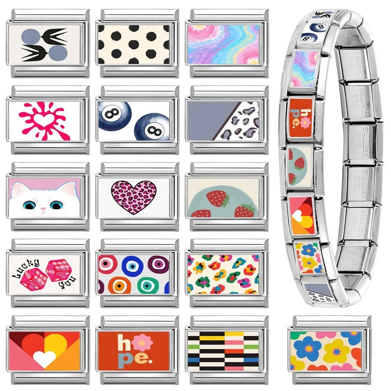 Fashion Women Romantic Heart Lucky you Leopard Polka Point Color Patterns Italian Charm Fit 9mm Stainless Steel Bracelet Jewelry Qme