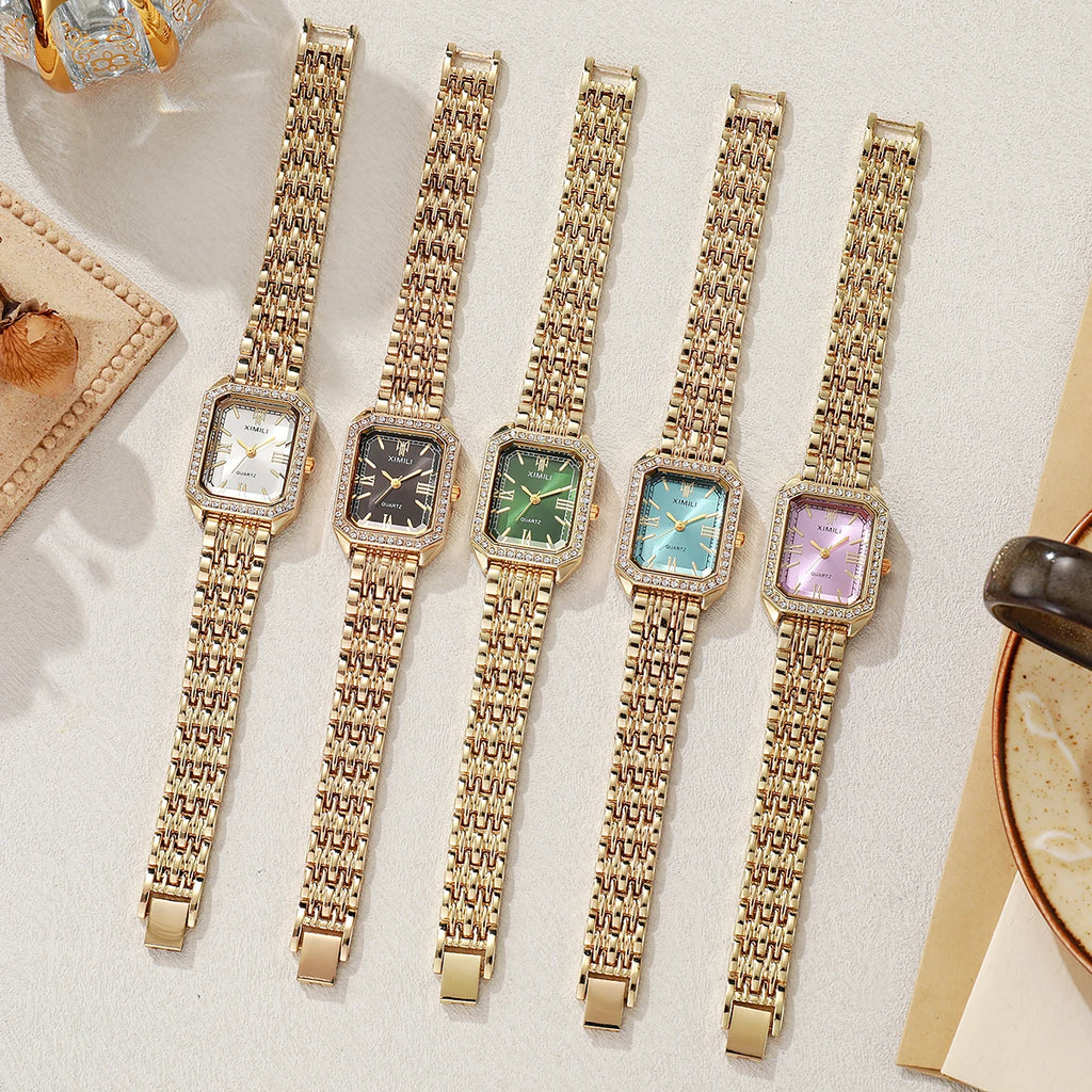 Luxo strass relógios femininos moda retângulo pulseira relógio de pulso de quartzo para meninas reloj mujer Qme