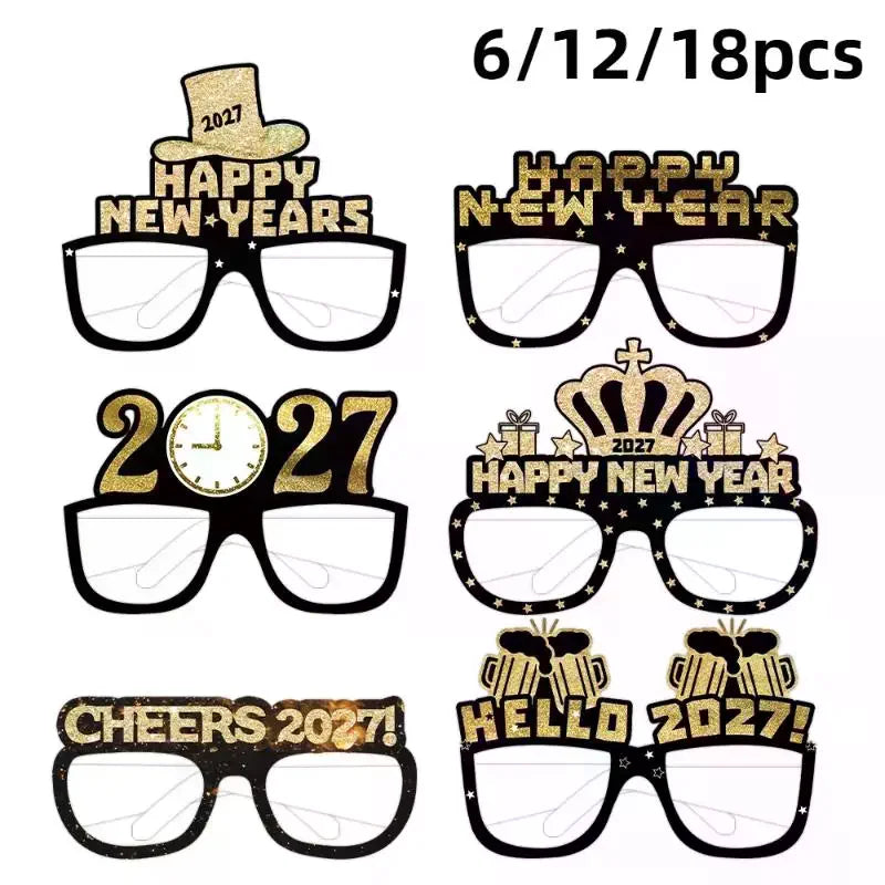 6/12/18pcs 2027 Happy New Year Party Paper Glasses Black Gold Glitter For New Years Eve Gatherings Photo Booth Props Qme