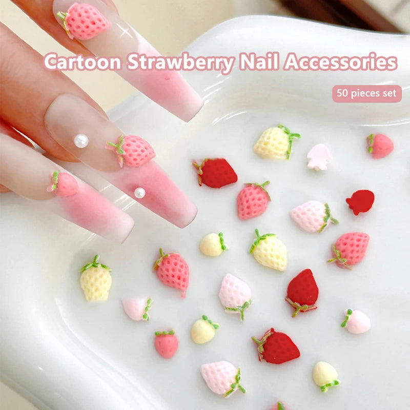 Sweet Strawberry Nail Charms 3D Resin Cartoon Fruits Rhinestones Qme