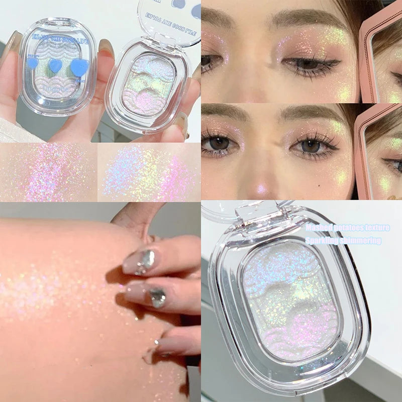 Mashed Potatoes Texture Glitter Eyeshadow Sparkling Purple Gold Pink Pearlescent Glitter Body Highlighter 3 IN 1 Makeup Palette Qme