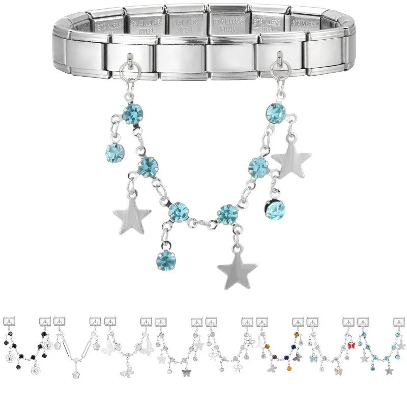 Women New Colorful Round Zircon Sliver Stars Flower Tassel Chain Italian Charm Fit 9mm Stainless Steel Bracelet DIY Jewelry Gift Qme