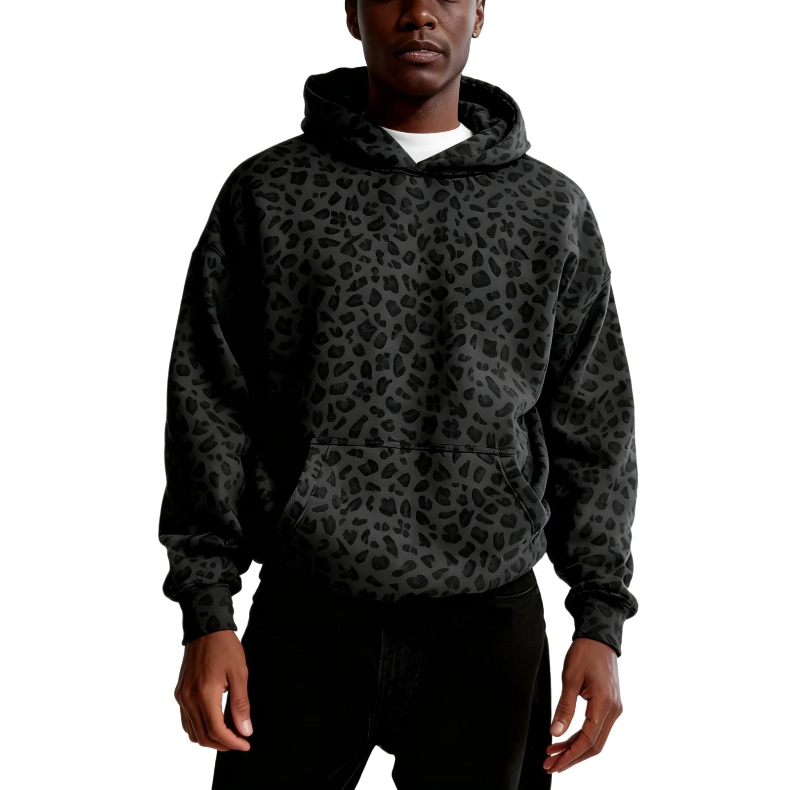 Men's and Women's High Street Casual Soft and Comfy Sports Long-sleeved Sweatshirt Fashion Leopard Printed Daily Hooded Top Qme Dark Gray L