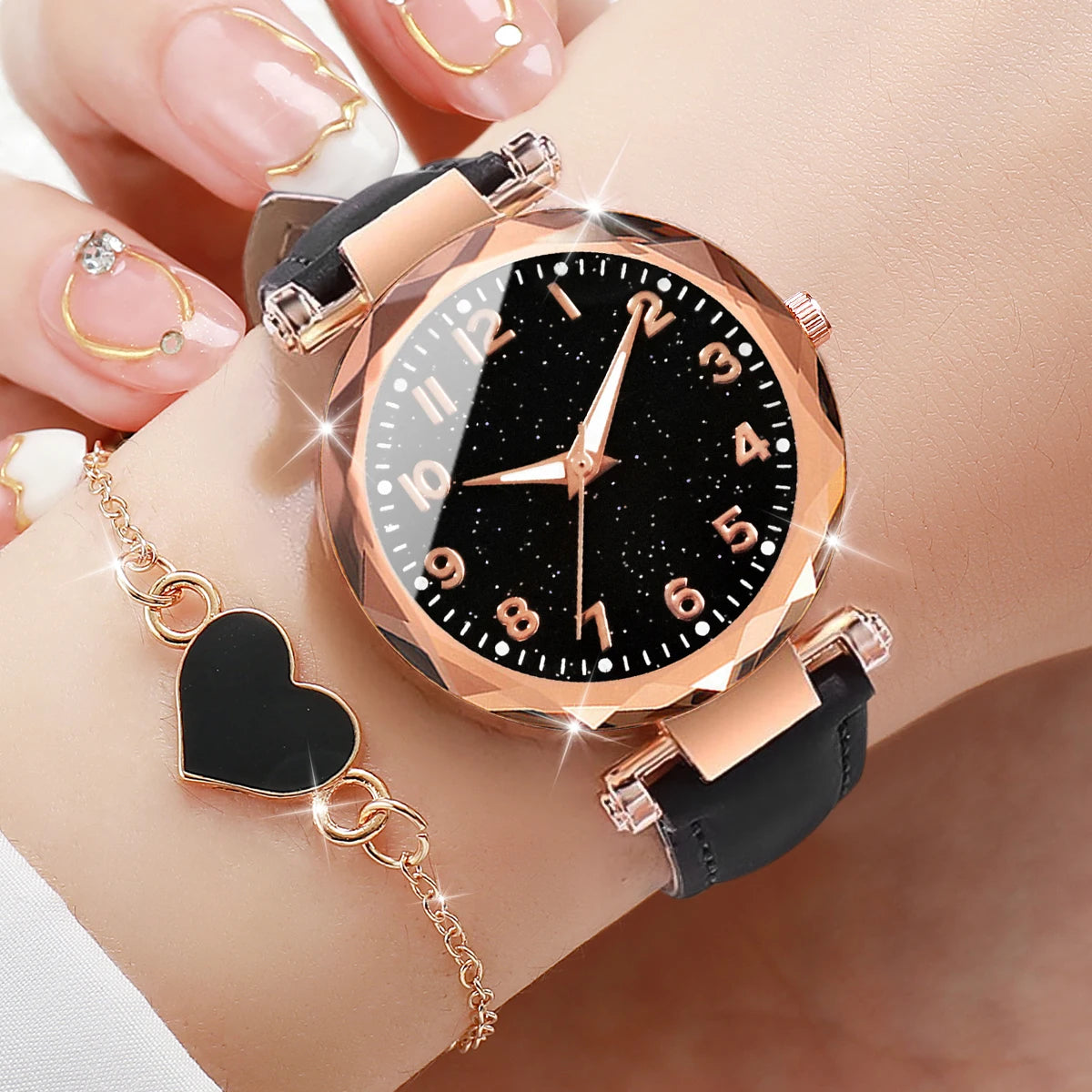 Leisure frosted digital belt women's watch starry night light girl's watch plastic case quartz watch Qme black