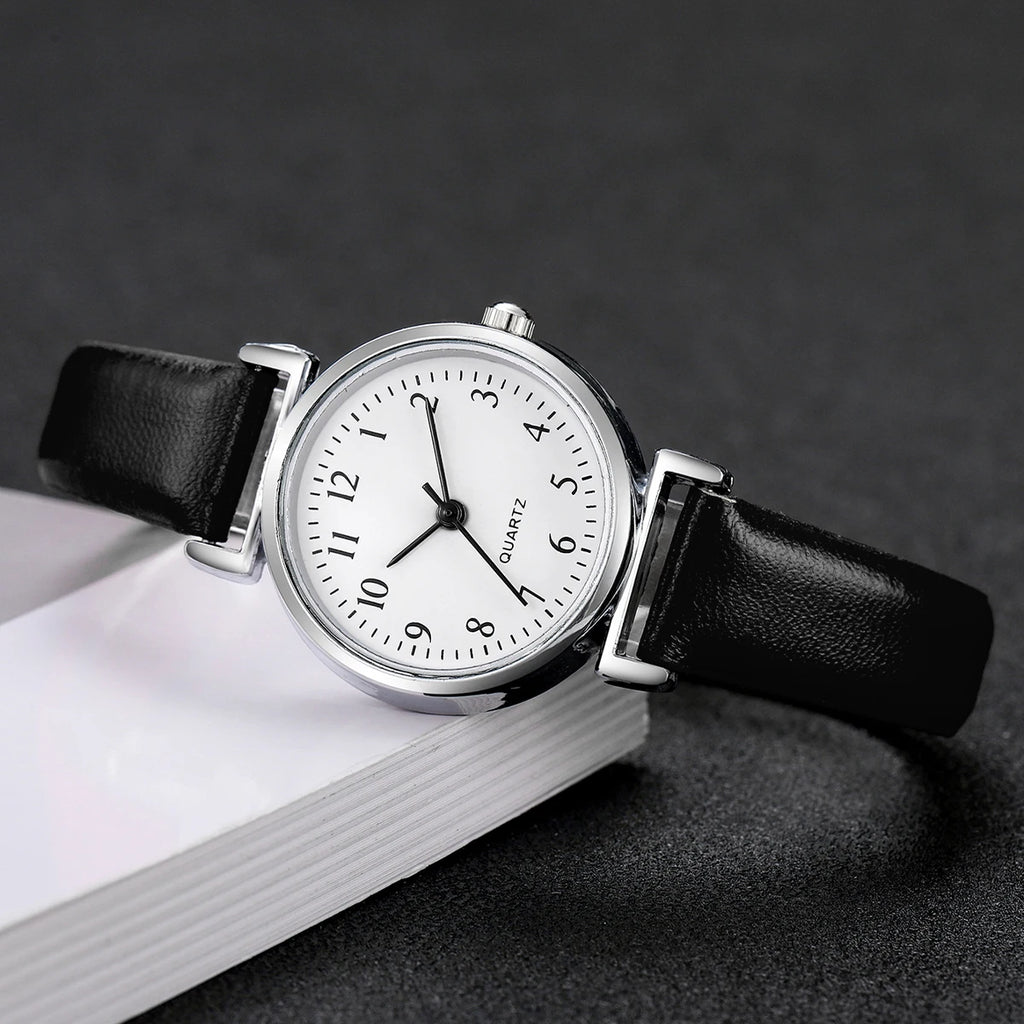 2 pçs/set moda pequeno mostrador feminino relógios de quartzo simples pulseira de couro relógio para meninas reloj mujer Qme