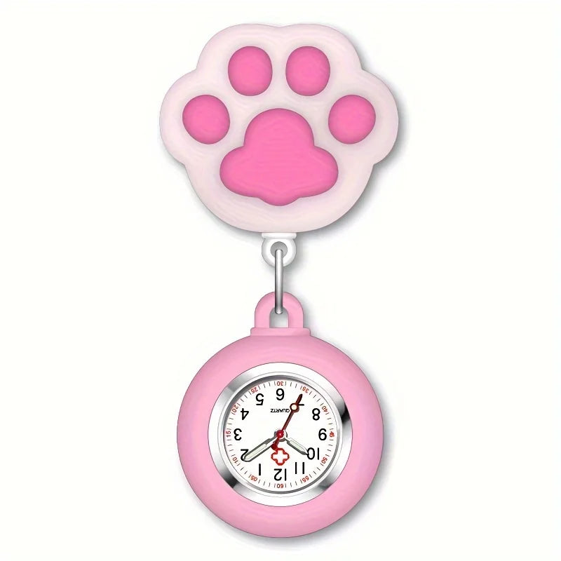 Cute Cat Paw Nurse Watch Brooch, Silicone With Clip, Retractable Telescopic Health Care Nurse Doctor Paramedic Medical Pocket Qme Pink