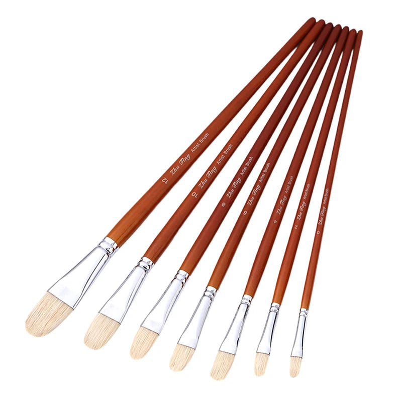 Professional Hog Bristle Filbert Oil Paint Brushes Long Wooden Handle Qme