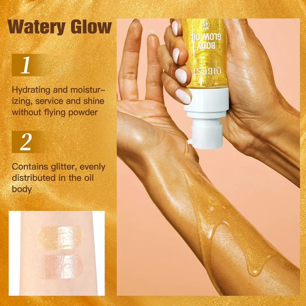 QIBEST Liquid Highlighter Gold Shimmer Oil Waterproof Smooth Diamond Face Body Glow Illuminator Body Highlight Lasting Cosmetics Qme