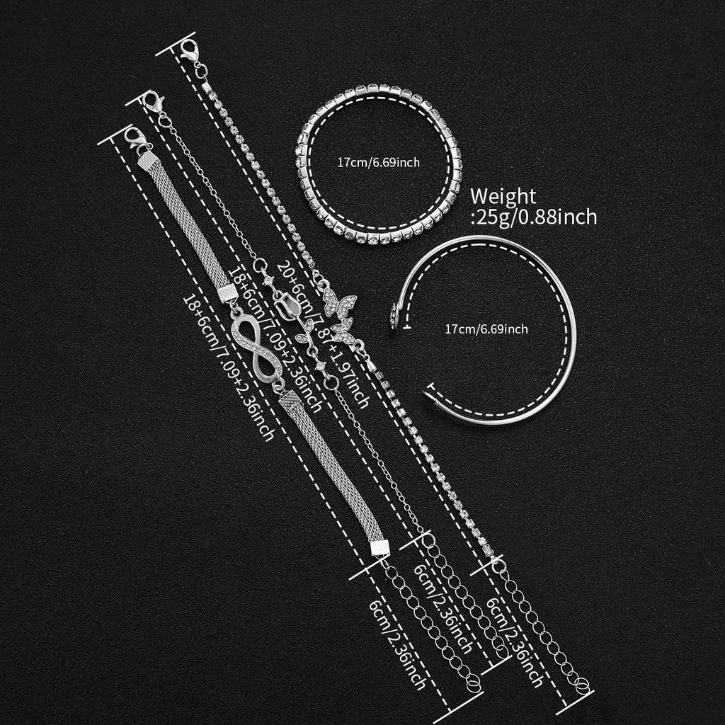 6Pcs/Set Women's Silver Jewelry Watch Set, Square Quartz Watch + 5 Pcs Crystal Bracelets, Elegant Fashion Style Qme