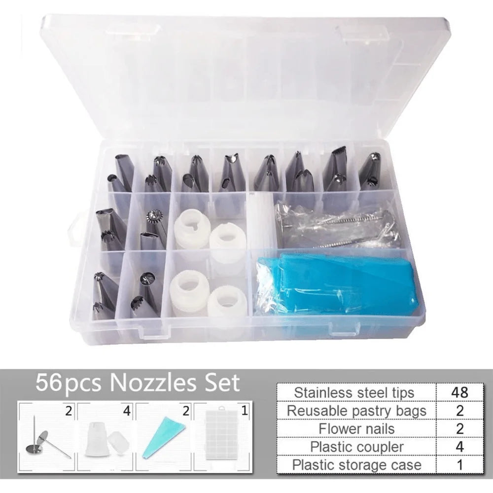 56pcs Piping Bags And Tips Set, Cake Decorating Supplies Kits For Baking With 48 Frosting Icing Tips, 2 Reusable Pastry Bags Qme