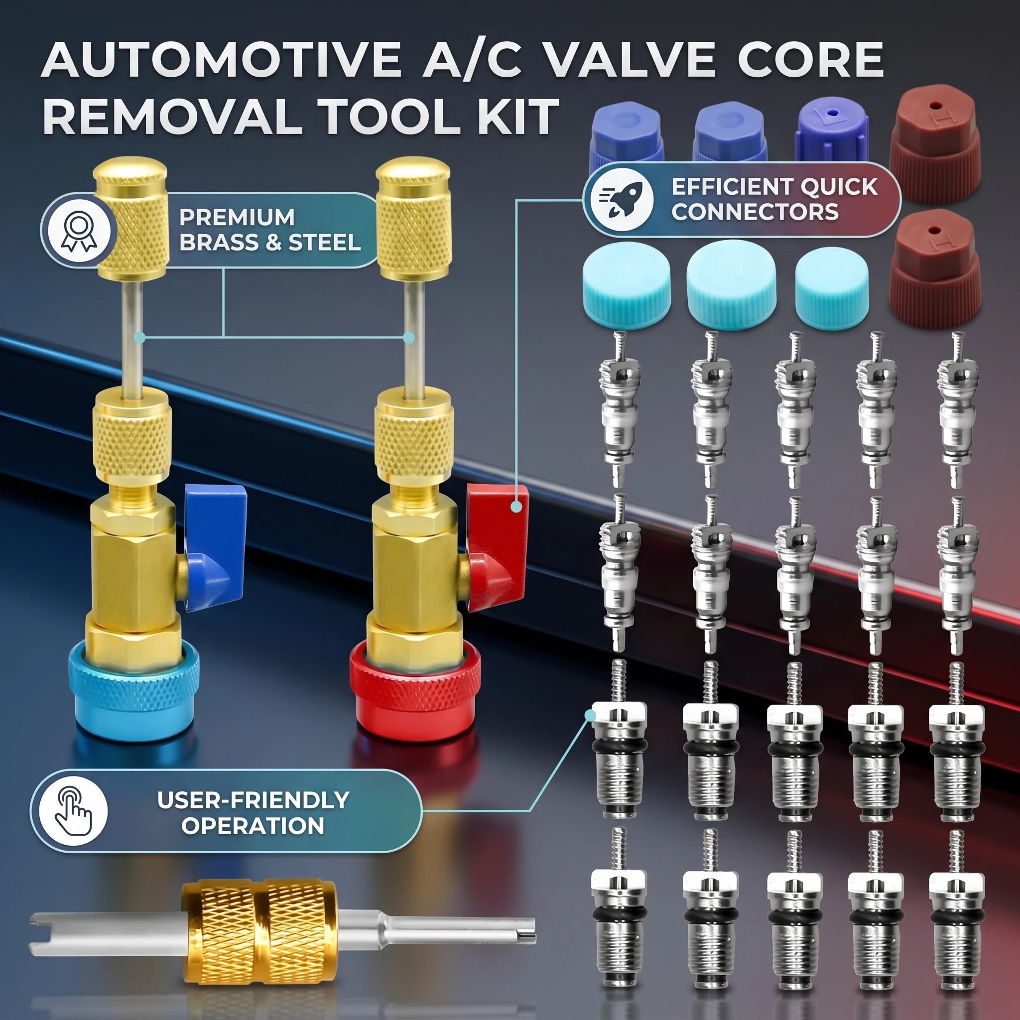 R134 Automotive Air Conditioning Valve Core Disassembly Tool Set, 31 Piece Set, Refrigerant Free Repair Tool Qme