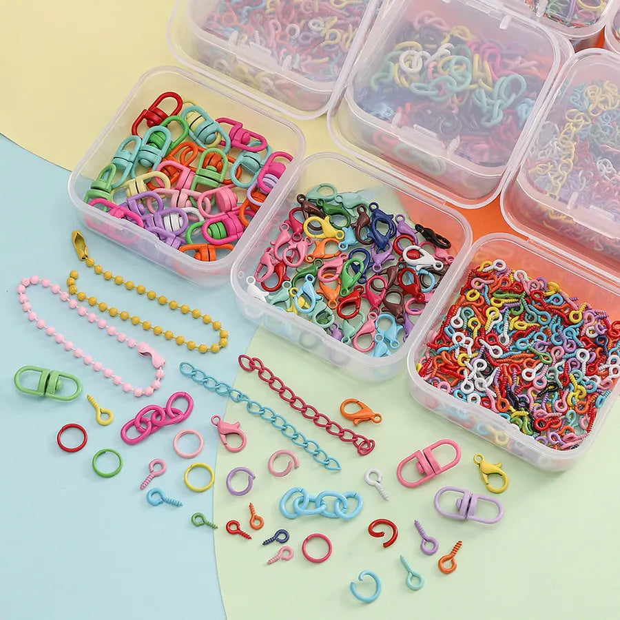 Colored DIY Jewelry Accessories Set Bead Keychain Open Jump Rings Lobster Clasp Hooks Small Screw Eye Pins for Jewelry Making Qme