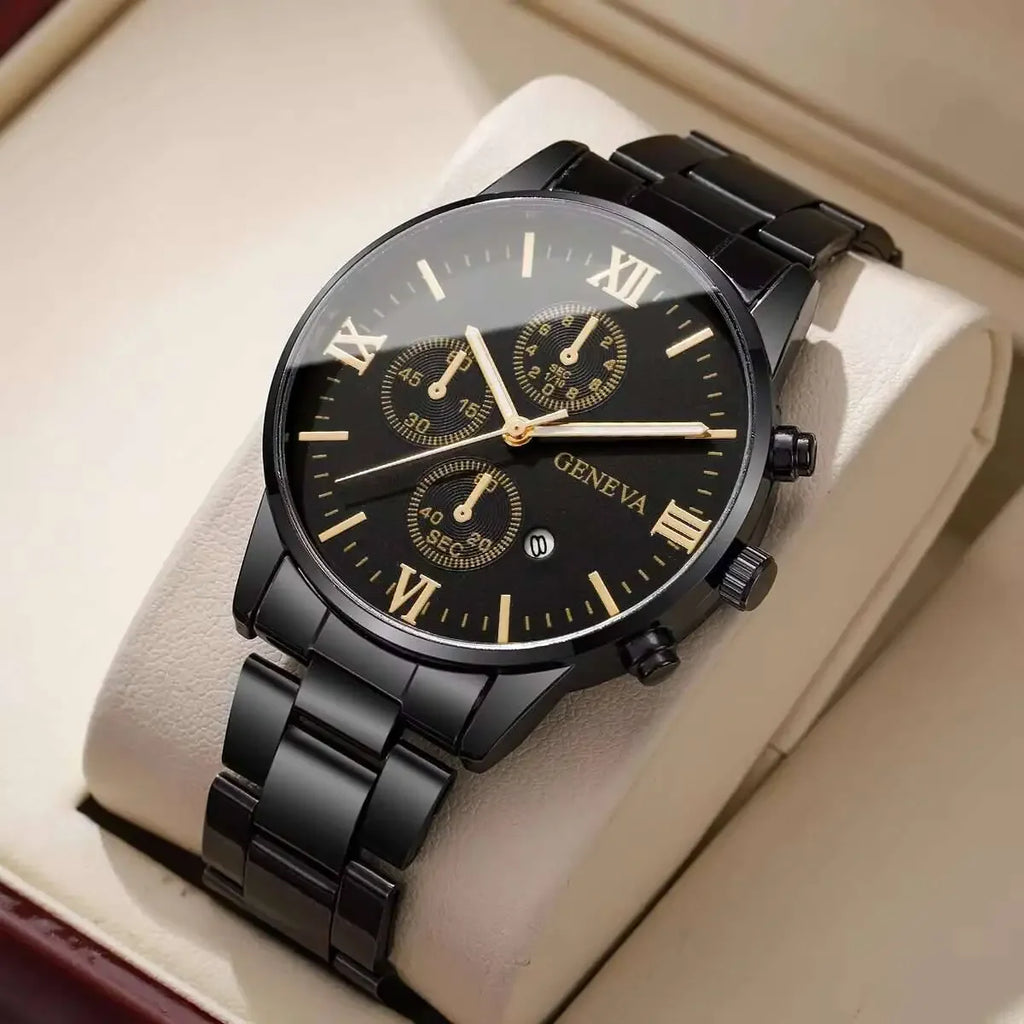 Business Fashion Three-Calendar Men's Watch Steel Band Glass Quartz Qme