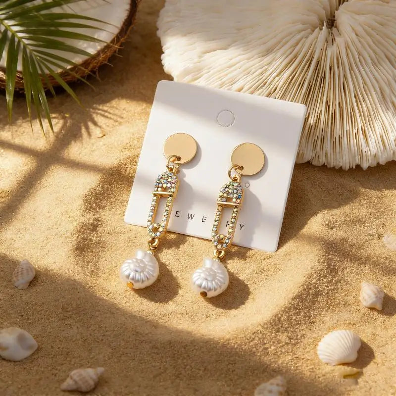 Bohemian Shell Pearl Drop Earrings Gold Plated Ocean Women Beach Qme A5