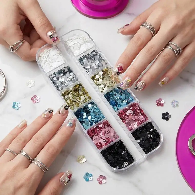 Nail Glitter 12 Grids Mini Colorful Flowers DIY Art Sequins Salon Qme