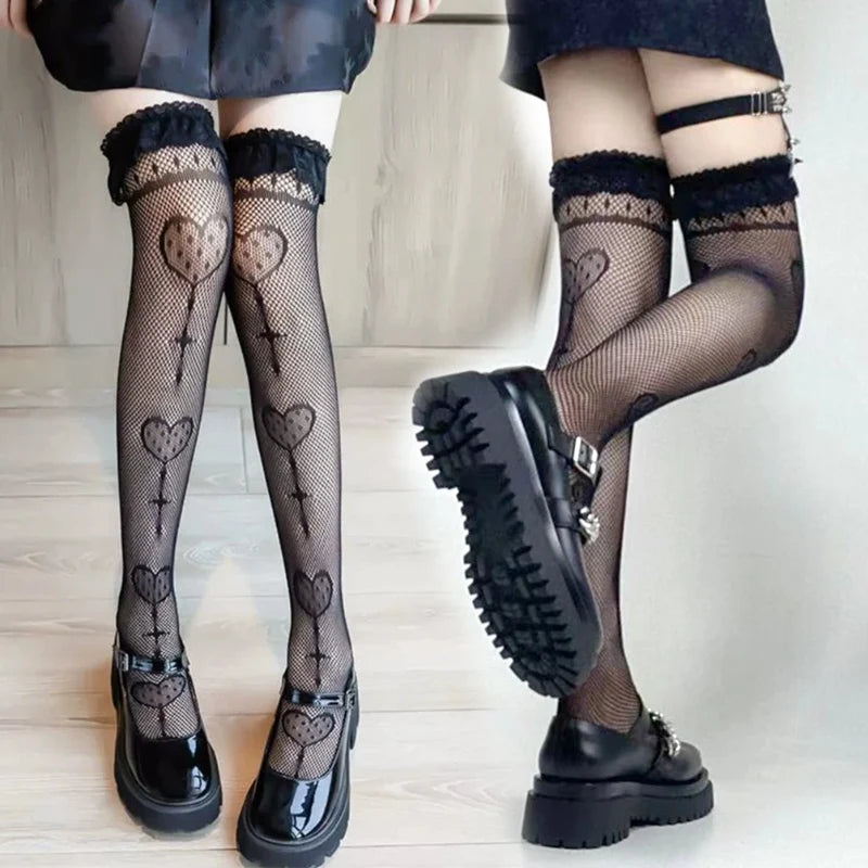 Women Goth Lolita Fishnet Socks Japan Kawaii Cute Knee Sexy Mesh Qme