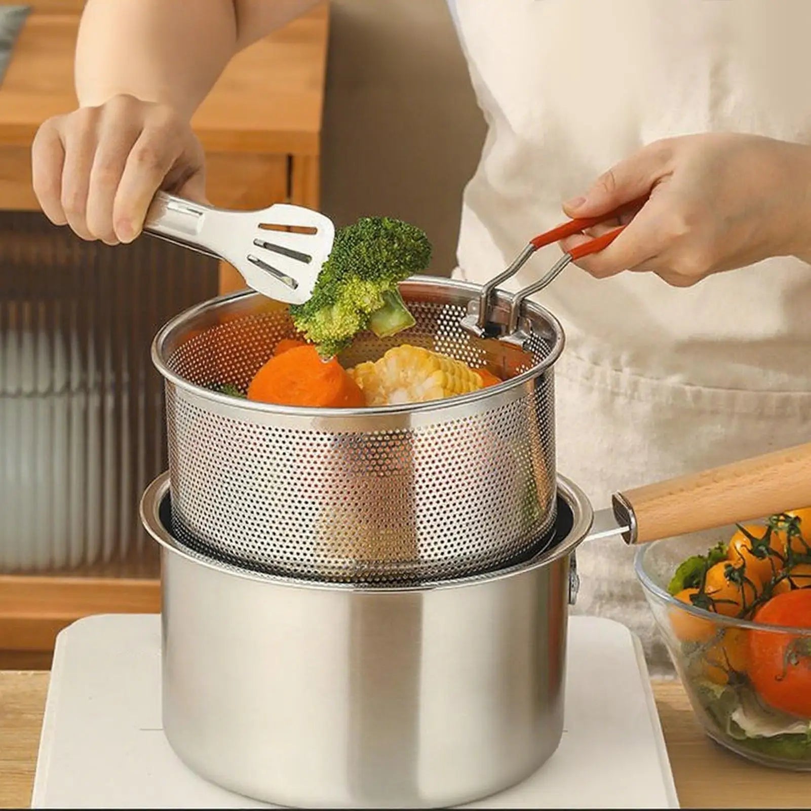 Frying Pot Basket Lid Cooking Deep Fryer Cookware Oil Strainer Qme
