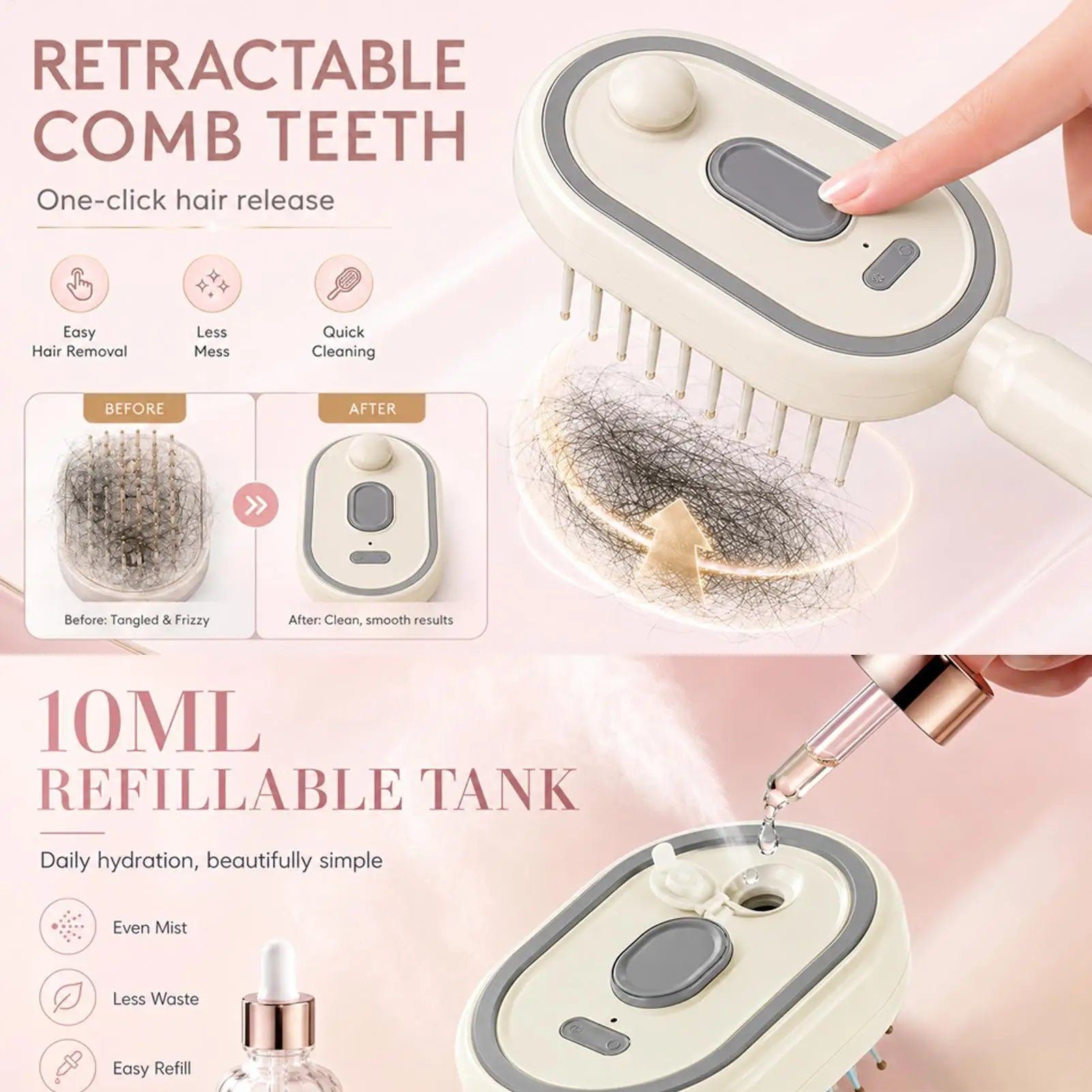 Electric Steam Brush Self-cleaning Anti-static Hair Water Spray Women Qme