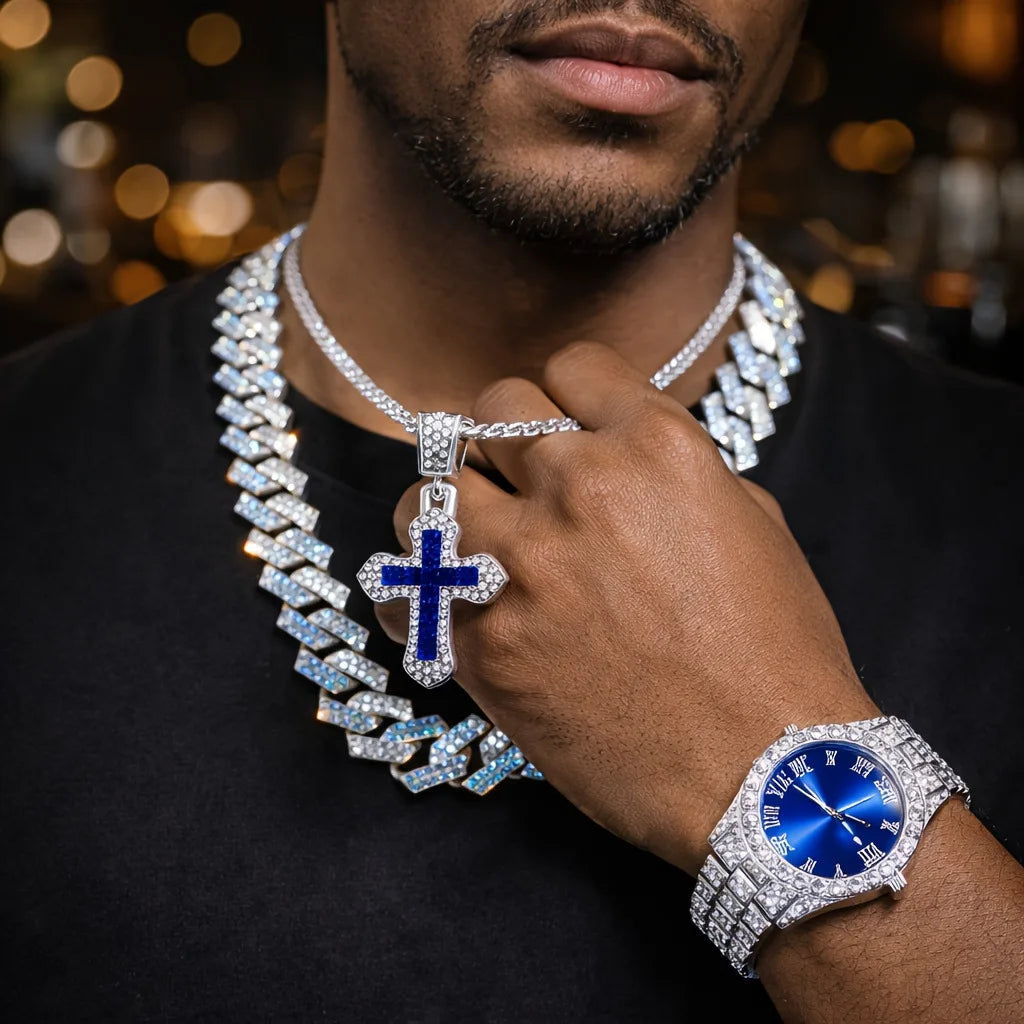 Luxury Silver Iced Out Men's Watch Jewelry Set, 4Pcs Blue Dial Watch + Cuban Chain + Bracelet + Cross Necklace, Hip Hop Accessor Qme