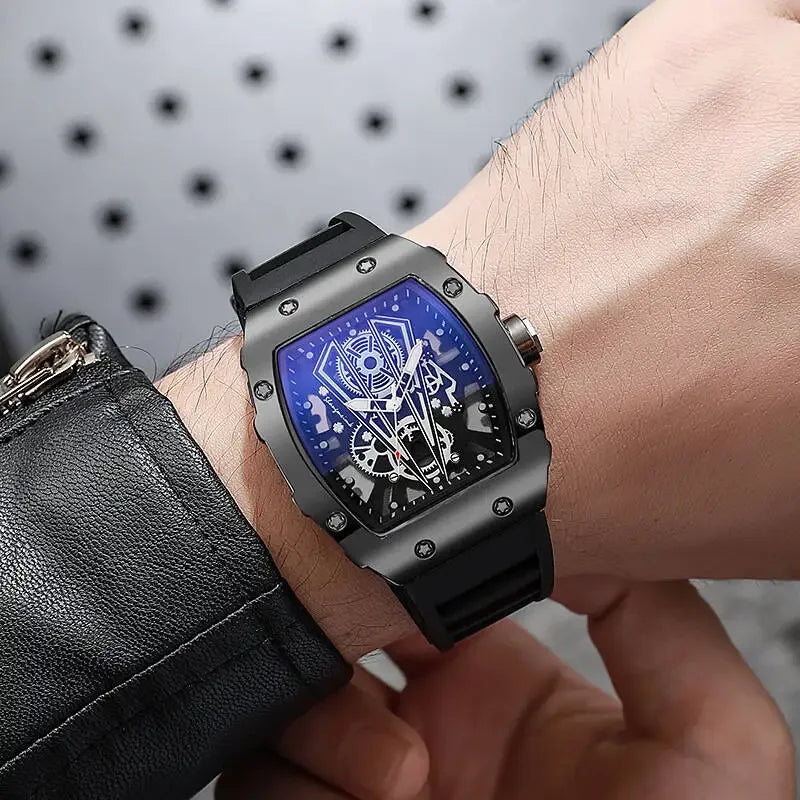 2026 Hollow out Richard wine barrel shaped quartz watch for men, silicone watch for men, business calendar, sports watch for men Qme