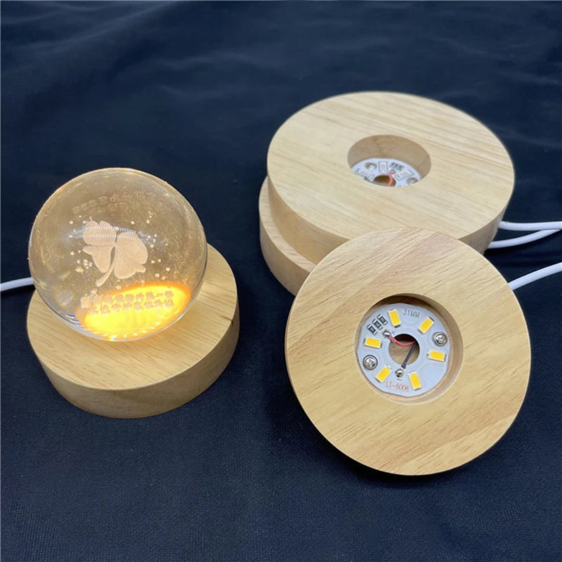 Rechargeable Wooden LED Light Base Rotating Display Stand Art Lamp Qme