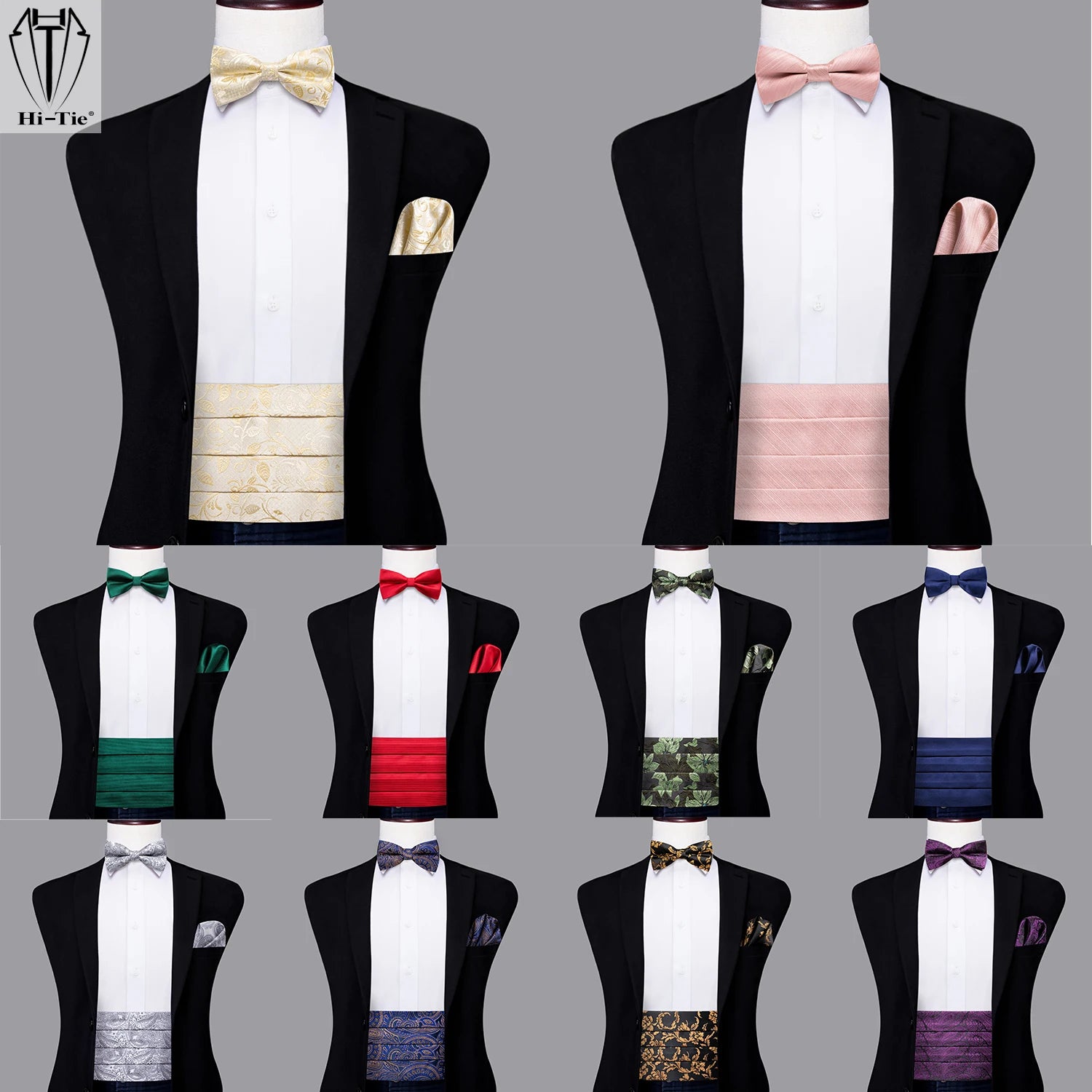 Hi-tie Mens Cummerbunds Vintage Formal Jacquard Pailey Bowtie Hanky Qme